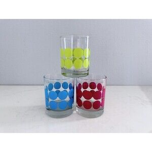 Vintage Polka Dot Lowball Glasses Set of 3 Blue, Yellow & Dark Pink Mid Century